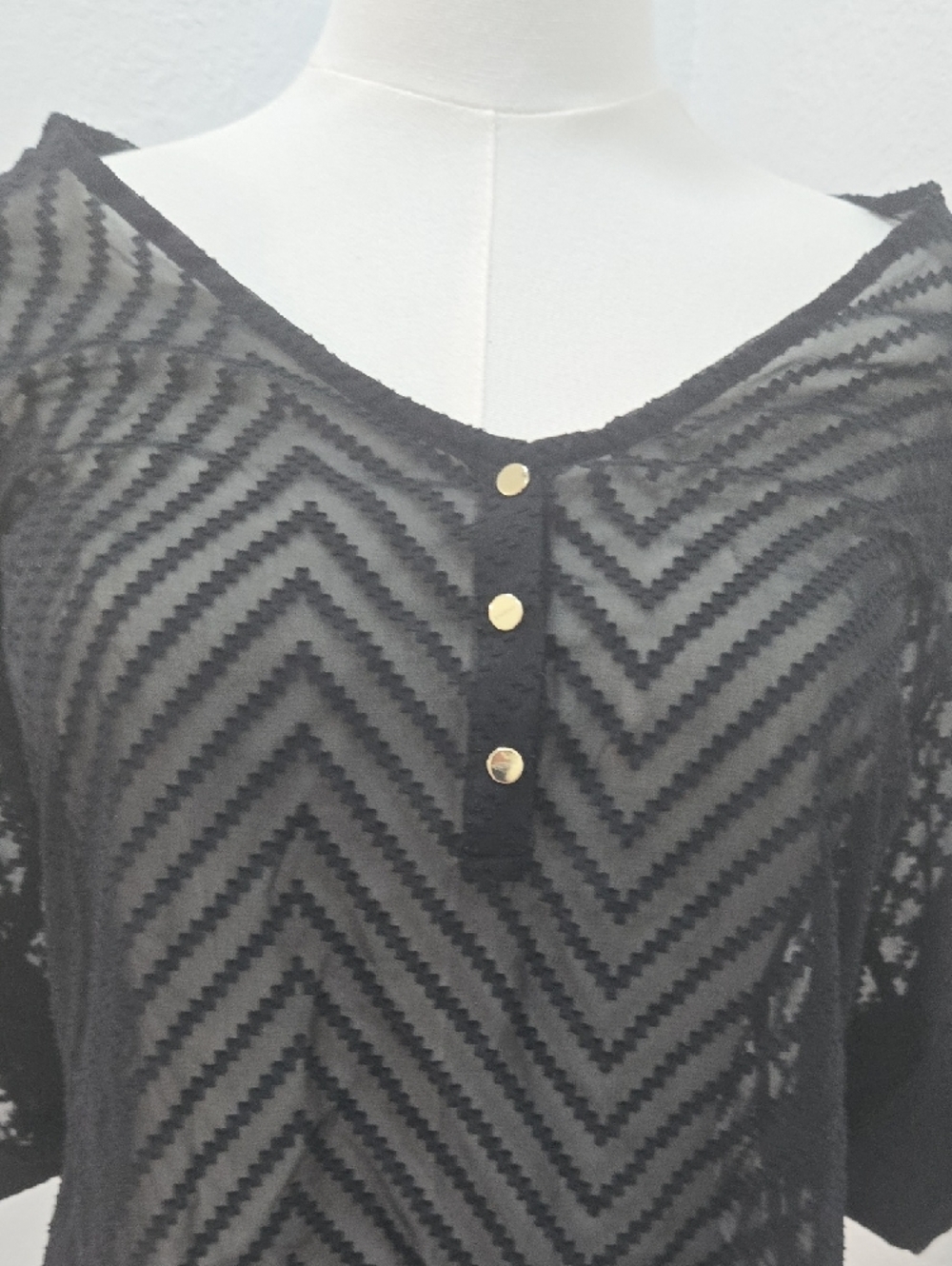 bebe Black Sheer Chevron Top with Gold Buttons - Picture 8 of 8